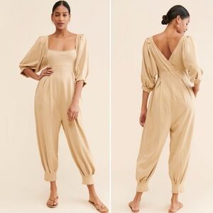 Free People Beige Jumpsuit with Puff Sleeves
